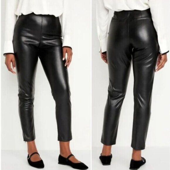OLD NAVY Faux Leather Skinny Pants Extra High-Waisted Black Ankle Zip Sz 4 Tall - Picture 1 of 14